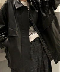Spring Autumn Cool Retro Casual Oversized Black Waterproof Soft Faux Leather Jackets for Women Zipper Elastic Waist voguable