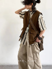 New Summer Japanese Retro Work Suit Vest Men Women Korean Fashion College Style Loose Sports Casual Sleeveless Versatile Jacket voguable