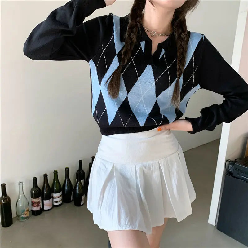 Autumn Winter Women Sweater Korean Fashion Lazy Wind Polo Collar Lingge Contrast Color Loose Long Sleeve Pullovers Knitted Tops voguable