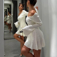 Knitted Off Shoulder V Neck Mini Dress Women's Sexy High Waist Long Sleeve Dress White Knitted Sweater Dress Robe Women