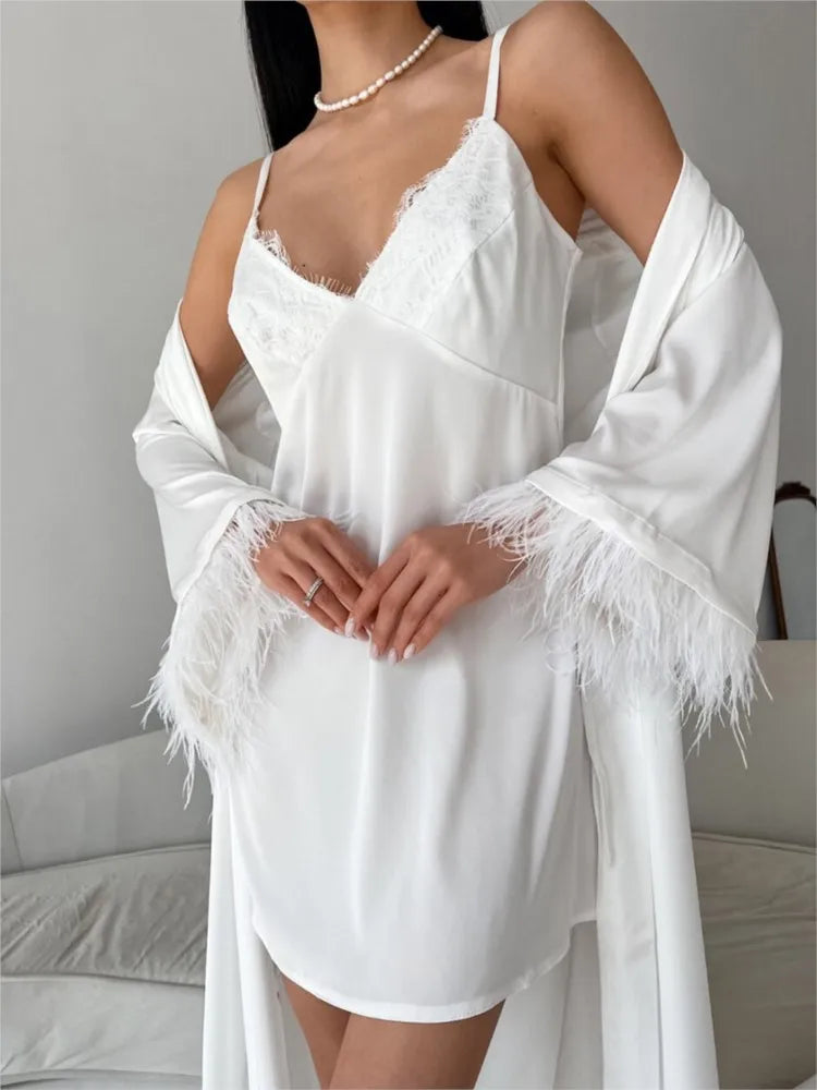 White Slip Dress +belted Cardigan Jacket Two Piece Set Sexy Feather Satin Pajamas Spring Summer Sleepwear Women Clothing 2025 voguable