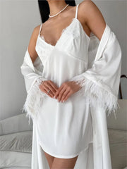White Slip Dress +belted Cardigan Jacket Two Piece Set Sexy Feather Satin Pajamas Spring Summer Sleepwear Women Clothing 2025 voguable