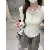 Voguable Lace Spliced long-sleeved Women's Autumn Winter New Sweater Slim Base Shirt Top voguable