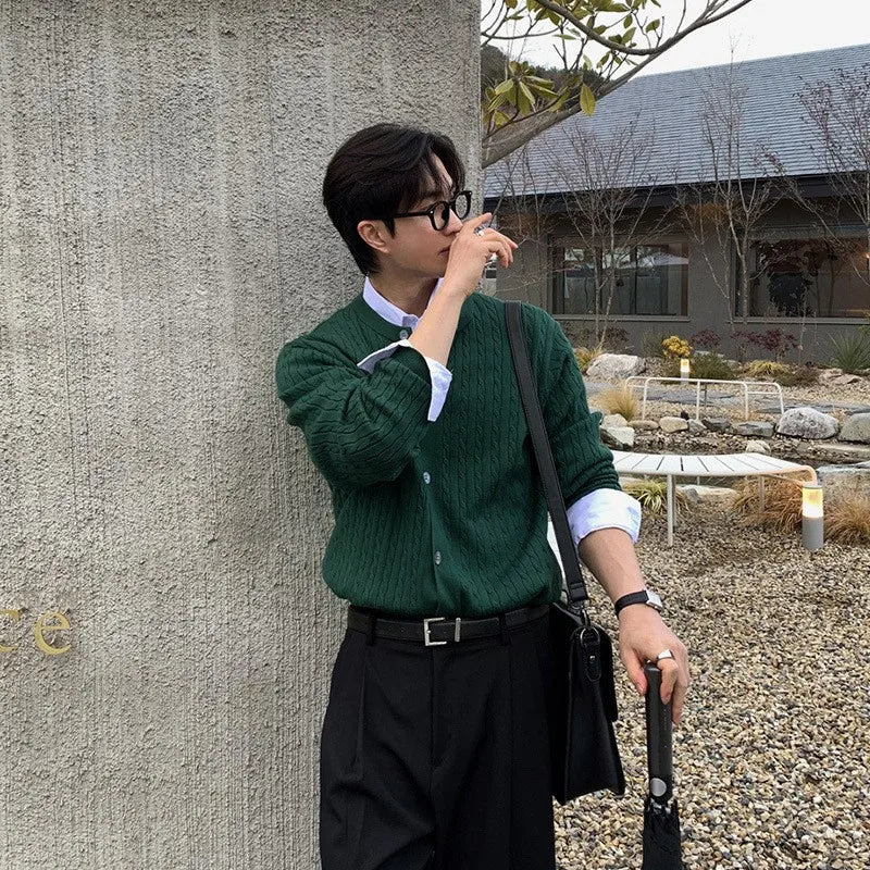 New Korean Fashion Men Cardigan Light Luxury Knitted O Neck Long Sleeve Sweater Coats Autumn Leisure Premium Jacquard Knitwear voguable