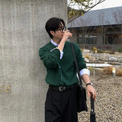 New Korean Fashion Men Cardigan Light Luxury Knitted O Neck Long Sleeve Sweater Coats Autumn Leisure Premium Jacquard Knitwear voguable