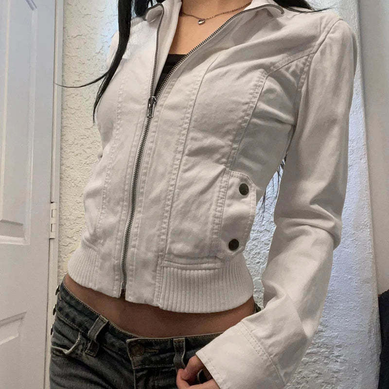 Patchwork Zip-up Cropped Jacket y2k Streetwear Full Sleeve Turtleneck Pockets Coat for Women Vintage 2000s Clothing Basic voguable