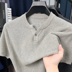 New Men Luxury Chinese O Collar T-Shirt Leisure Slim Button-down Solid Color Short Sleeve Tops Summer Breathable Basic Knitwear voguable