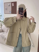 Fall Women Cargo Jacket Loose Preppy Style Long Sleeve Vintage Coat Casual Big Pockets American Retro Solid Bf Outwear Tops voguable