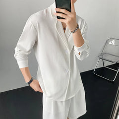 Voguable Summer Black/White Sets Men Fashion Long-sleeved Shirt Shorts Two-piece Men Korean Casual Loose Plaid Sets Mens Suit M-2XL voguable