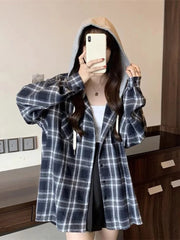 Vintage Plaid Hooded Shirt Women Oversize Long Sleeve Y2K Blouse American Casual Harajuku Female Vintage Spring Tops New voguable