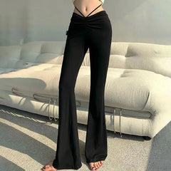 Spring and Autumn High-waist Design Drawstring Long Trousers for Women Slimming Draped Black Floor Wide-leg Bell-bottom Pants voguable