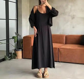 Voguable Autumn New Women's Fashion Casual Solid Color Sleeveless U-neck Vest Dress Short Sleeve Coat Set Women's Clothing voguable
