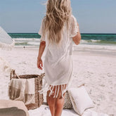 Voguable White Fringe Tassel Knitted Dress Crochet Beach Cover Ups for Women Summer Beachwear Bohemian Cover-ups Tunicas Femininas voguable