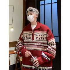 2024 New Year Striped Christmas Sweaters Men Lapel Zipper Pullover Women Autumn Winter Loose Niche Couple Knitted Sweater Coat voguable