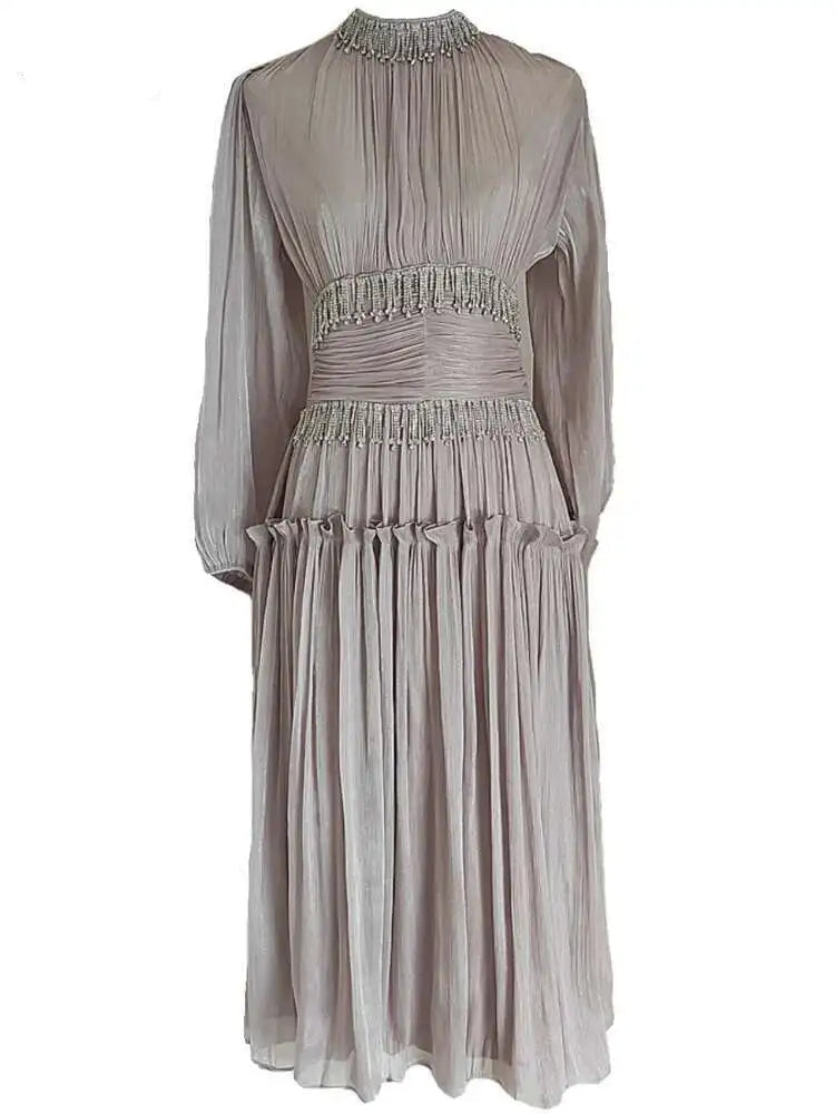 French Niche Design Diamond Spliced Pleats Bright Silk High Waist Dresses For Women Long Sleeve Maxi Dress New voguable