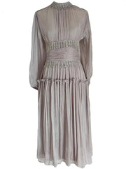 French Niche Design Diamond Spliced Pleats Bright Silk High Waist Dresses For Women Long Sleeve Maxi Dress New voguable