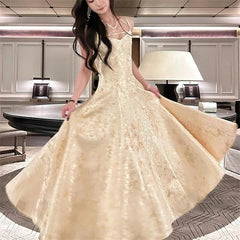 Vintage A-Line Jacquard Party Dresses Women Jacquard Spaghetti Strap Big Swing Dress Luxury Sleeveless Vestidos 270A voguable