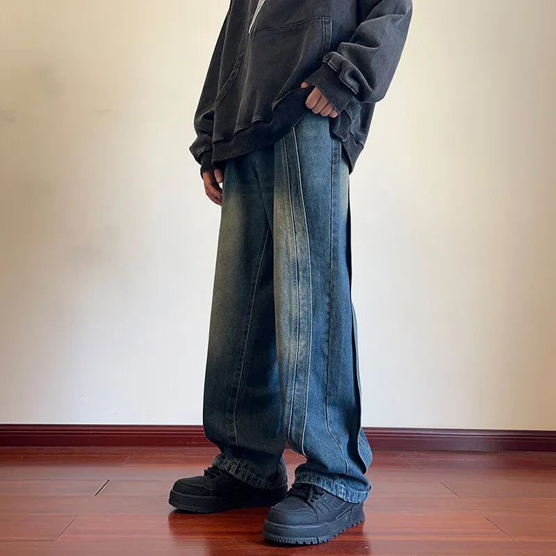 Destroyed Stitching Jeans Men's Blue Washed Jeans Gothic Style Street Trend Clothing Retro Loose Wide Leg Pants straight jeans voguable