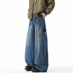 Men Washed Loose Wide Leg Jeans Patchwork Side Pockets Streetwear Casual Denim Pants Fashion Trendy Comfort Vintage Distressed voguable