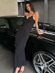 Fashion Polka Dot Print Maxi Dress Women Bandage Backless v-Neck Mesh Elegant Simple Temperament Casual Street Vestidos voguable