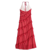 YENKYE Sexy Backless Halter Red Sling Ruffle Dress Women Summer A-line Elegant Long Dresses Holiday Party Maxi Vestidos voguable