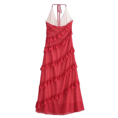 YENKYE Sexy Backless Halter Red Sling Ruffle Dress Women Summer A-line Elegant Long Dresses Holiday Party Maxi Vestidos voguable