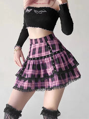 Mall Goth Gothic Lace Ruffle Mini Skirts Womens Harajuku Fairy Grunge Pink Plaid Pleated Skirt Japanese Lolita Streetwear voguable