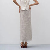 Voguable Elegant Lady Solid Color Slim Commute Outfits Temperament Hollow Out Skirts Set Fashion Sleeveless Sequins Vest&Halter Skirt Set voguable