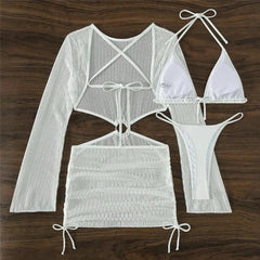 Voguable White Mesh Backless Dress Cover Up Swimwear 3 Piece Bikini Set String Lace-up Micro Thong Swimsuit Women Halter Triangle Bikinis voguable