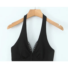 French Style Retro Spicy Girl Halter Mini Black Dress Women Fashion Backless Lace Spliced Bow Sexy Dresses Summer Robe voguable