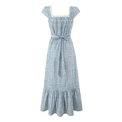 Women Casual Vintage Plaid Dress Elegant Square Neck Short Sleeve A-line Summer Long Dress Vacation Maxi Robe voguable