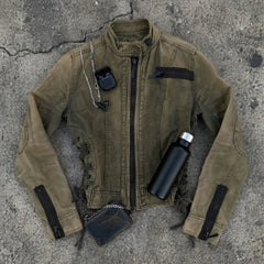 Voguable Y2K Vintage Brown Biker Jacket Women Lace Up Side Slim Fit Stand Collar Short Moto Coat Grunge Streetwear voguable