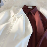 Voguable White & Burgundy Lapel Shirt, Loose Fit Daily Office Men's Clothing Versatile Basic Top Long Sleeve Men's Shirts voguable