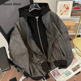 American Double Zipper Jacket Men's Hip Hop Simple Varsity Jacket Loose Fake Two Piece Hooded Outdated PU Leather Coat voguable