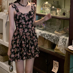 Voguable New Summer Elegant Lace-up Bow Women Strap Dress Cute Floral Printing Off Shoulder Sleeveless V-neck Hot Chick Mini Dress voguable