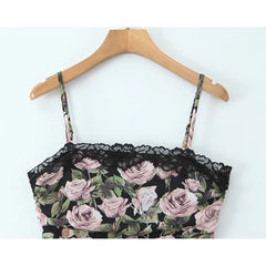 Lace Spliced Rose Flower Print Sling Bodycon Mini Dress Women Vintage Ruched Package Hip Sexy Dresses Summer Robe