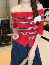 Voguable Women's Off Shoulder Knit Top Crop T-shirt Sexy Knitwear Korean Style New Red Striped Knitwear Long Sleeve Open Shoulder voguable