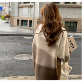 Voguable Color Blocked Loose Casual Stand Collar Women's Mid To Long Knitted Sweater Autumn Winter New Lazy Style Soft Pullover Lady Tops voguable
