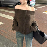 Women's Off-the-Shoulder Sweater Cardigan Zip Up Knitted Off Shoulder Sweater Jacket Teen-girl Fall Winter Y2K Outfit voguable