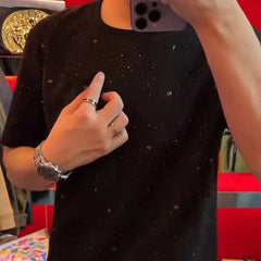 Men's T-shirt Summer High Quality Round Neck with Hot Diamond Pentagram Printing Trend Slim Fit Cotton Black Short Sleeve Tee voguable