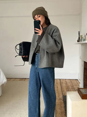 Women Casual Grey Single Button Woolen Cardigan Coat Long Sleeve V Neck Loose Jacket Autumn Winter Female High Street Outerwear voguable