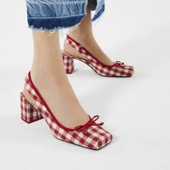 Women Chunky Heeled Sandals Retro Square Toe Mary Janes Pumps Shoes Slingbacks Spring Summer High Heels Baotou Plaid Shoes voguable