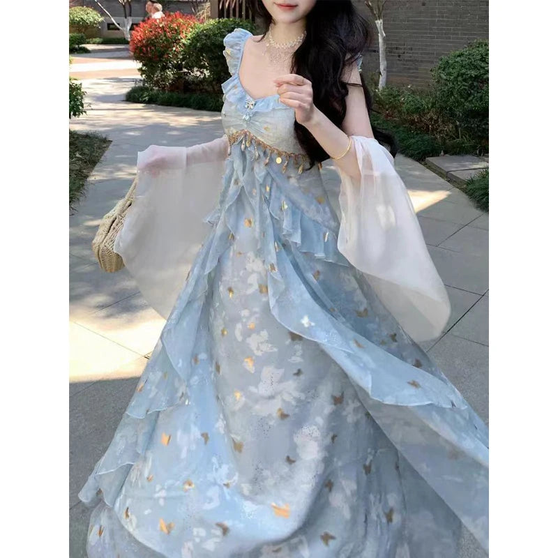 Voguable Elegant Girl's Long Dress Butterfly Gold Stamping Sparkle Strap Party Dress Women Sweet Beach Vacation Fairycore Dress voguable