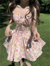 Women's Elegant Dresses French Print Summer New 2025 Casual Slim Waist A-Line Square-Collar Pleated Spaghetti Strap Vestidos voguable