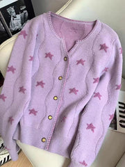 Stars Print Vintage Cardigan Women Casual Cute Long Sleeve Loose Knitted Sweater Korean Retro O Neck Female Purple Tops New voguable