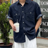 Voguable Men's Denim Shirt 2024 Summer New Loose Trend Versatile Lapel Short Sleeve Design Single Breasted Double Pockets Top voguable