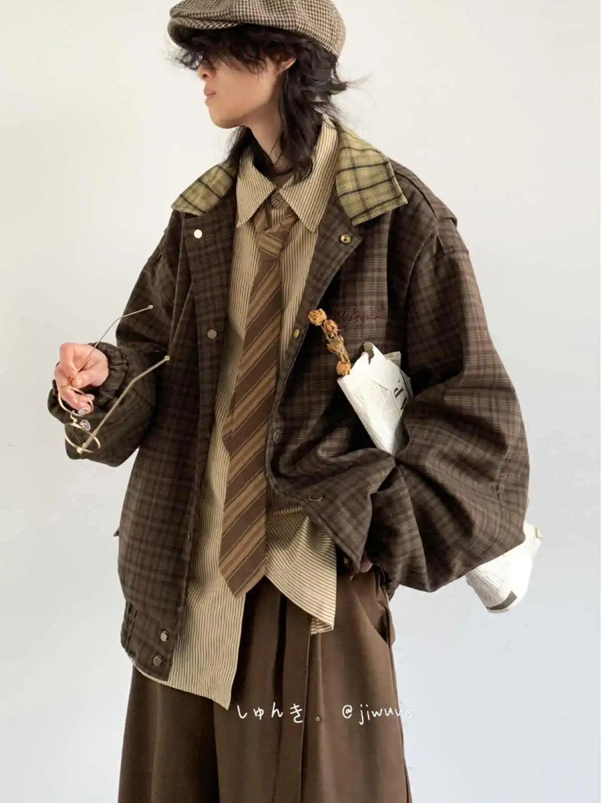 Spring Autumn Japanese Retro Plaid Jacket Men Women Couples College Style Splicing Embroidery Casual Loose Trend Jacket Urban voguable