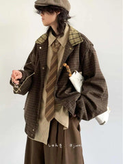 Spring Autumn Japanese Retro Plaid Jacket Men Women Couples College Style Splicing Embroidery Casual Loose Trend Jacket Urban voguable