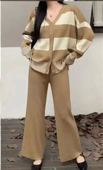 Spring New Women Sweater Set Casual Cardigans Suits Winter Knitted Loose Long Sleeve Striped Patchwork Tops Wide Leg Pants voguable