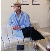 Voguable Men's Blue Vertical Striped Long-Sleeved Shirt, Korean Style High Quality Casual Shirt Coat voguable